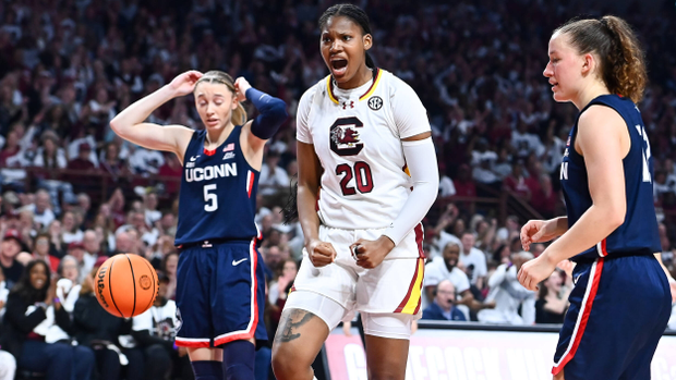 Sania Feagin yells in celebration against UConn, 2/11/24