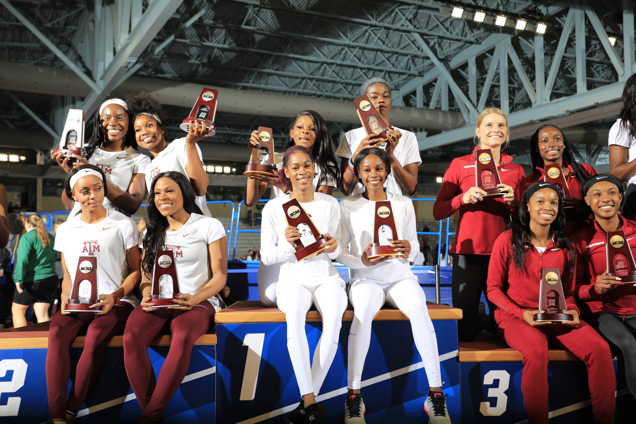 The Gamecocks celebrate a national title in the women's 4x400m relay at the 2019 NCAA Indoor Championships | March 9, 2019 | Photo by Walt Middleton