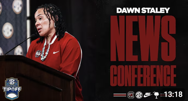 Graphic of Dawn Staley at the podium at SEC Basketball Media Day.