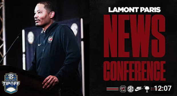 Graphic of Lamont Paris at the podium at SEC Basketball Media Day.