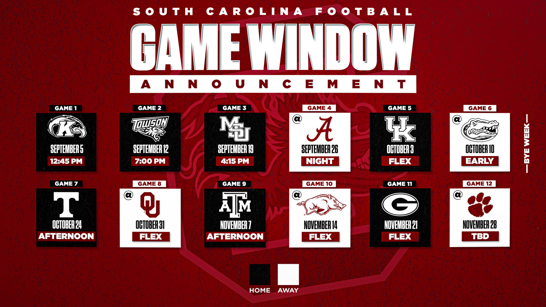 South Carolina 2026 Football Game Time Windows Set