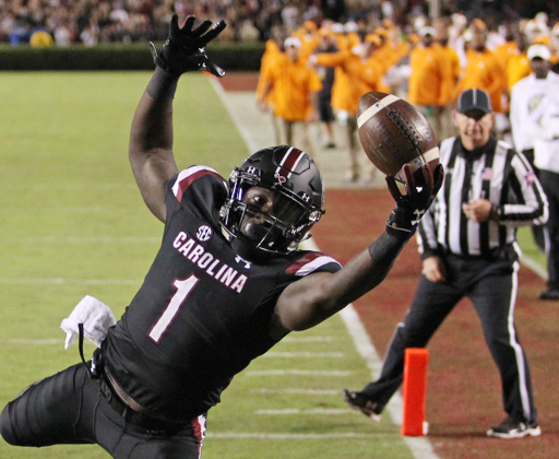 South Carolina's Deebo Samuel makes a touchdown catch against Tennessee during second-quarter action in Columbia, S.C. on Saturday, Oct. 27, 2018. (Travis Bell/SIDELINE CAROLINA)