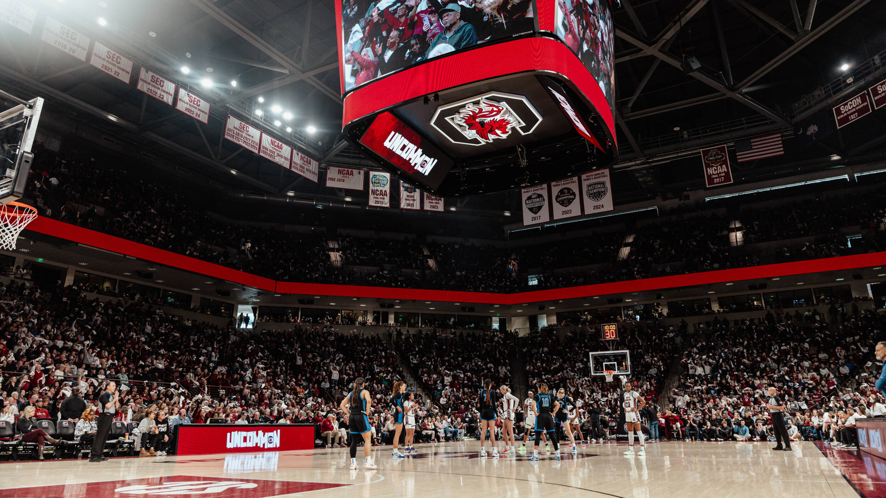 A court-level view just before tipoff of a South Carolina women's basketball game at Colonial Life Arena.