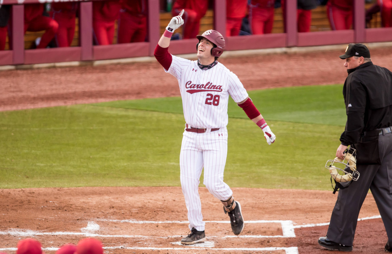 South Carolina Gamecocks Wes Clarke (28) celebrates his 3-run-homer during the first inning.

South Carolina vs. Dayton Baseball, Feb. 19, 2021, Founders Park, Columbia, SC.

Photo by Jeff Blake