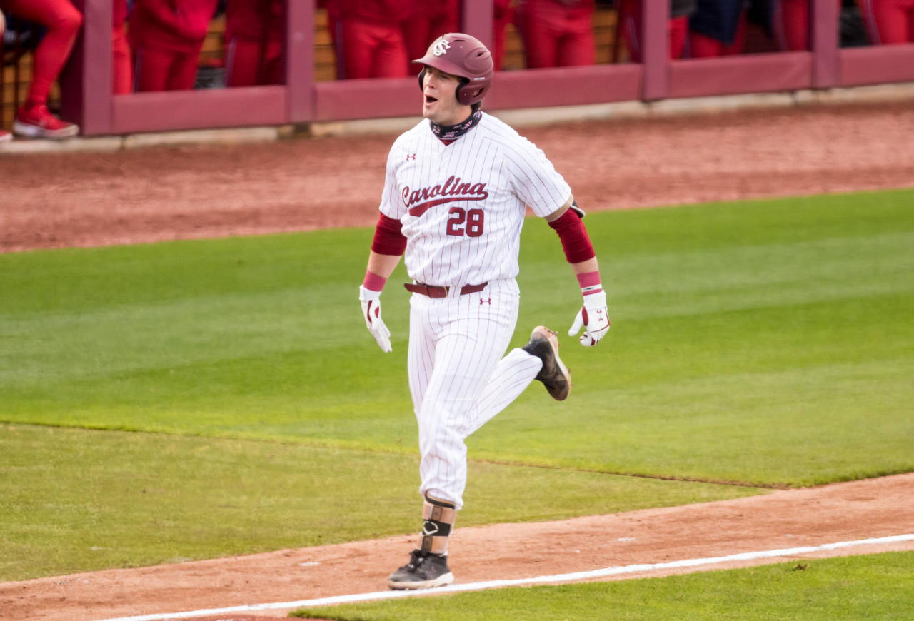 South Carolina Gamecocks Wes Clarke (28) celebrates his 3-run-homer during the first inning.

South Carolina vs. Dayton Baseball, Feb. 19, 2021, Founders Park, Columbia, SC.

Photo by Jeff Blake